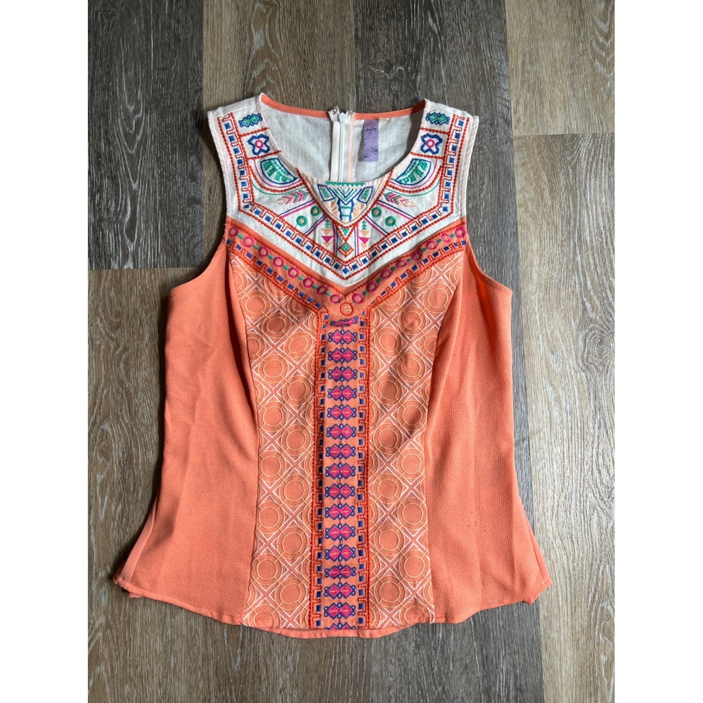 Alga Embroidered Sleeveless Top Women Size M Peach‎ Good Boho Sheer Back Bib
